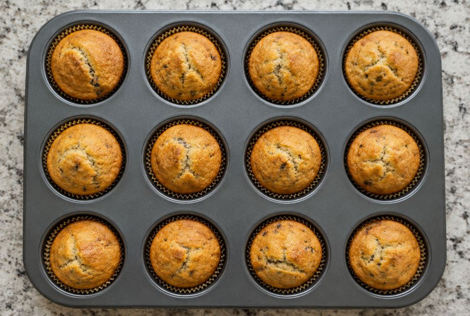 A muffin pan seen from above holding 12 baked muffins in 3 rows of 4.