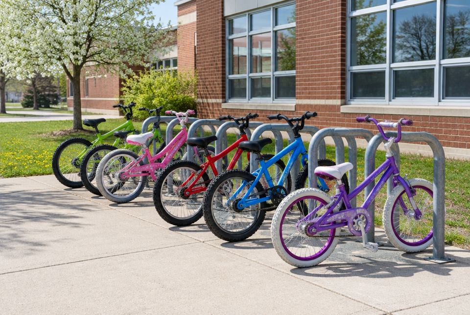 Six children's bicycles in a metal bike rack outside a brick school in spring.