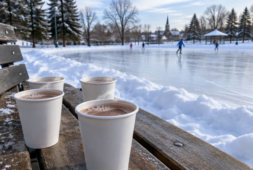 Cups of hot chocolate on a park bench beside an outdoor skating rink with skaters in the distance.