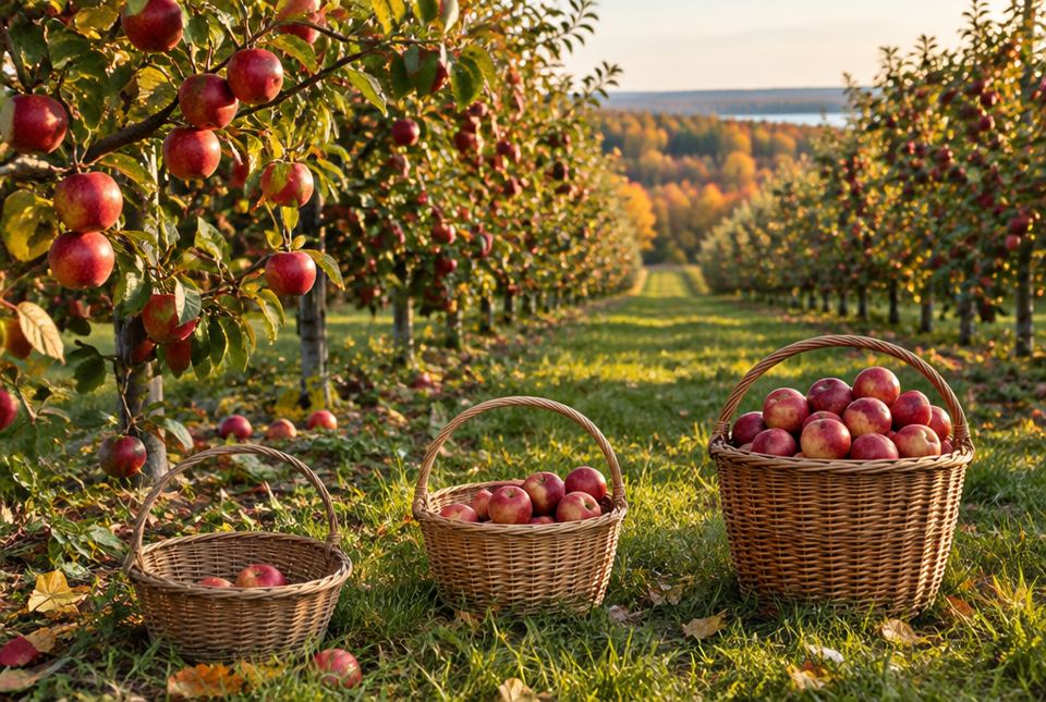 Three wicker baskets holding different numbers of red apples in an apple orchard in the fall.