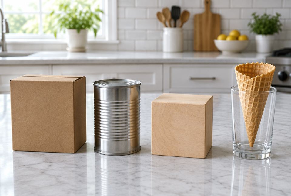 A cardboard box, a metal can, a wooden cube and an ice cream cone in a glass on a kitchen counter.
