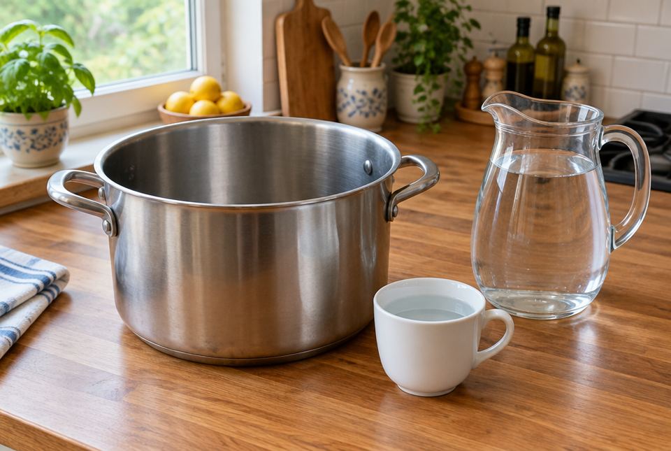 A large steel cooking pot, a small white cup of water and a glass pitcher of water on a kitchen counter.