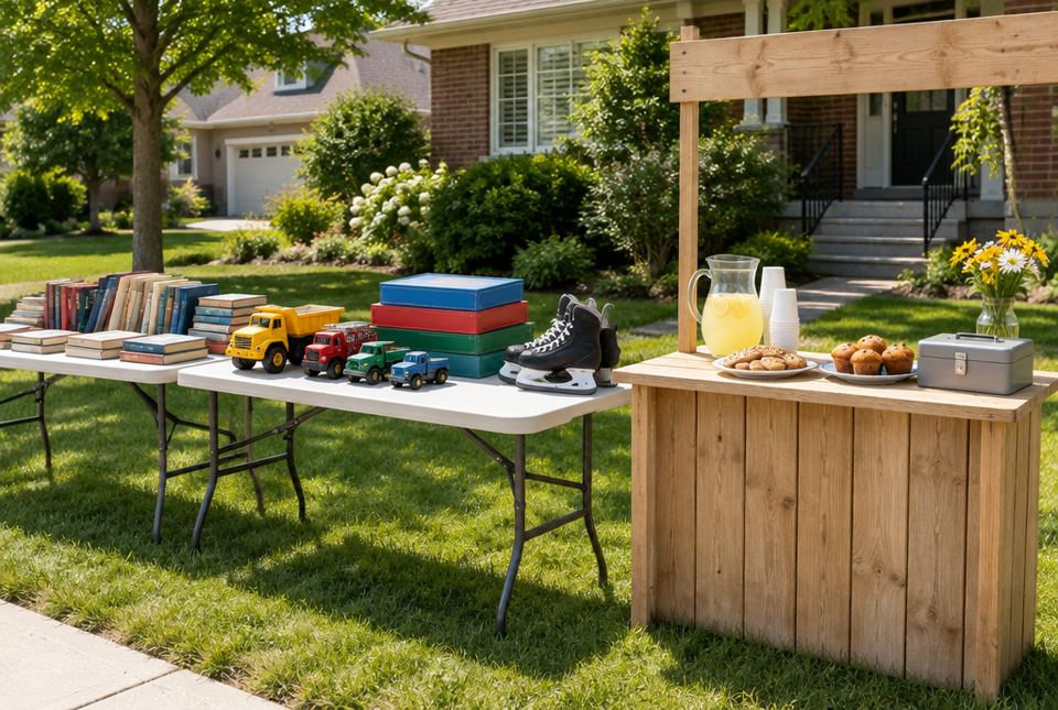 A yard sale with books, toy trucks and skates on tables, next to a wooden lemonade stand with a cash box.