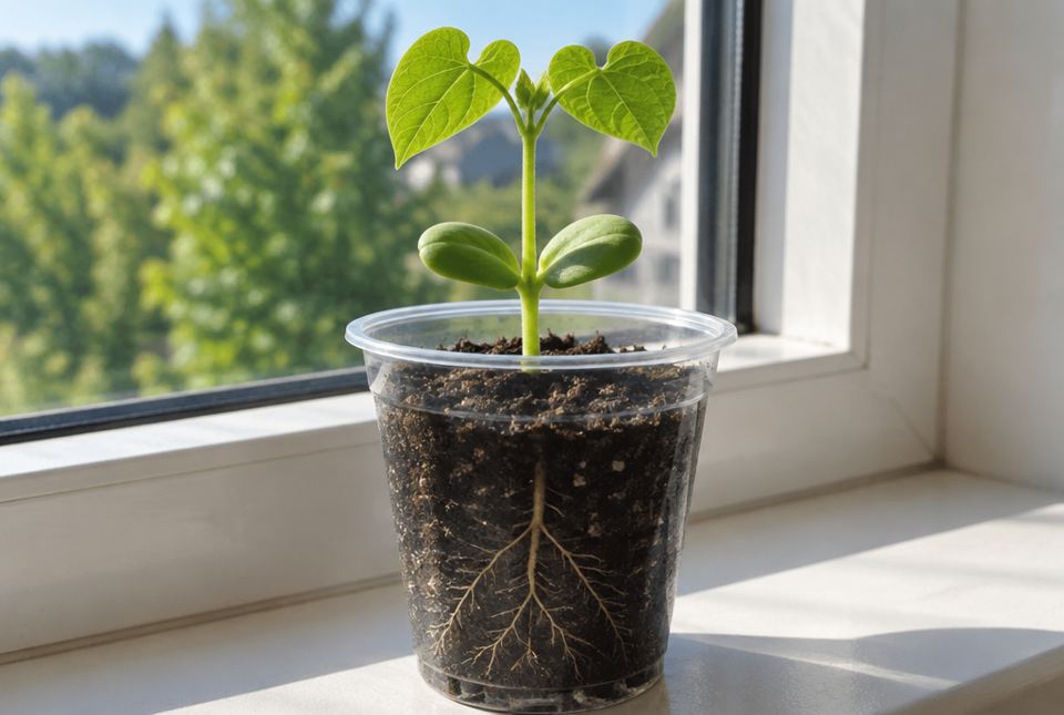 A young bean seedling growing in a clear plastic cup of soil on a windowsill, with its roots visible through the cup.