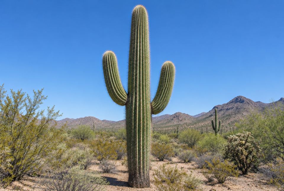A tall saguaro cactus with two raised arms standing in a dry desert with shrubs and mountains behind it.
