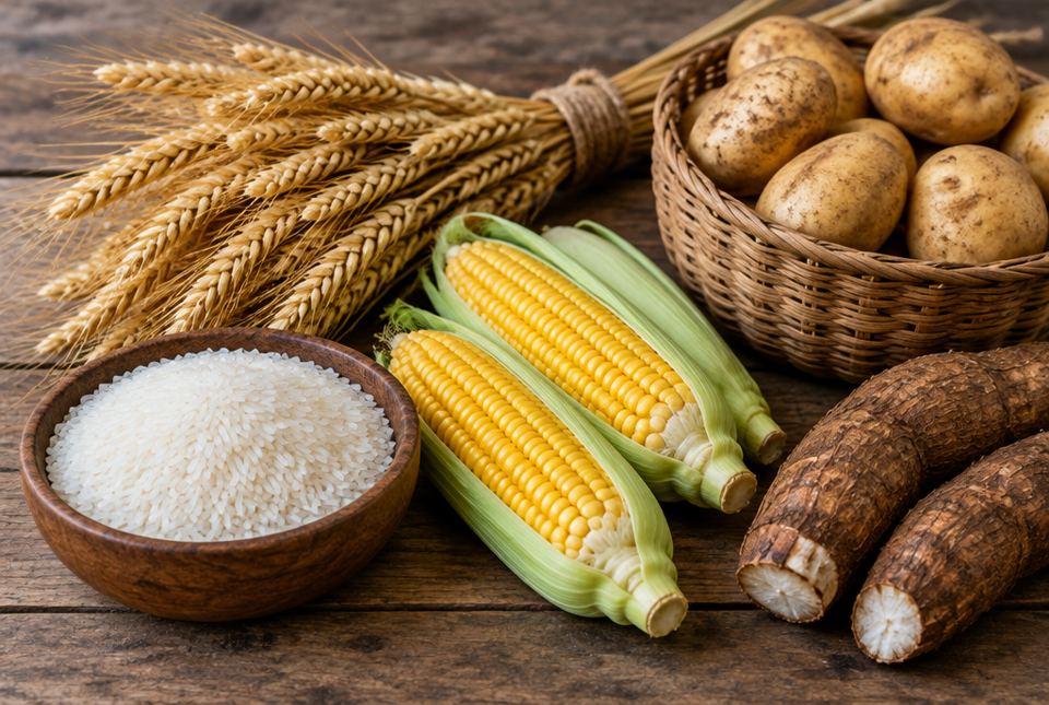 A wooden table with a bundle of wheat, a bowl of rice, ears of corn, a basket of potatoes and cassava roots.