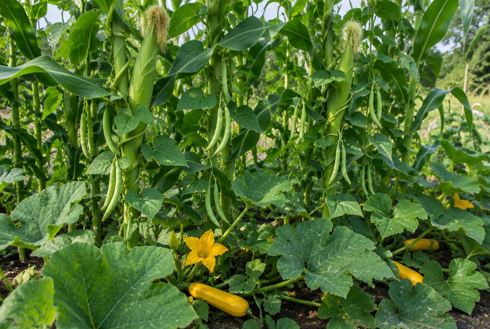 A garden where tall corn plants grow with bean vines climbing them and wide-leafed squash plants with yellow flowers and squash on the ground.