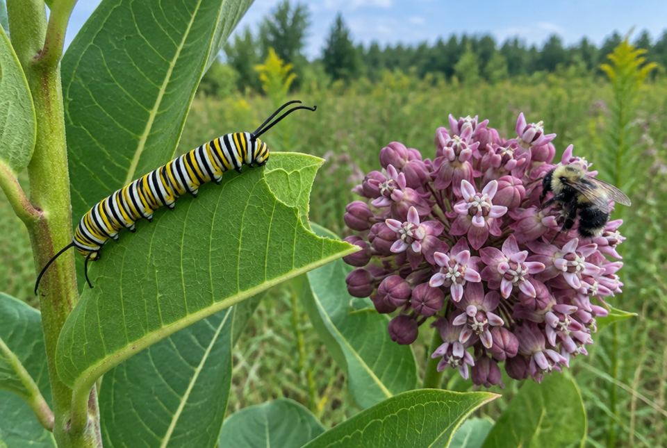 A striped yellow, black and white monarch caterpillar eating a milkweed leaf beside a pink milkweed flower cluster where a bumblebee is feeding.