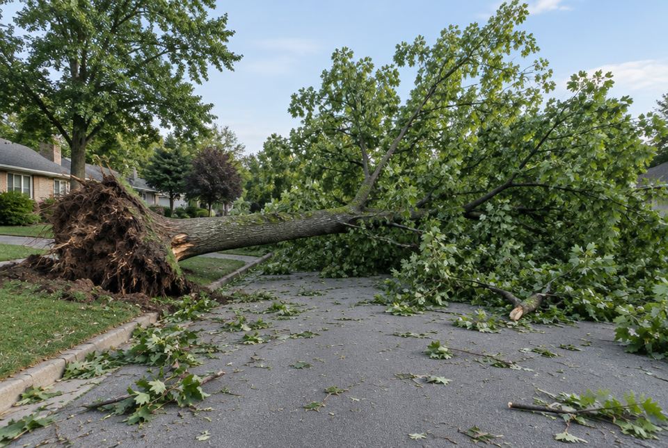 A large leafy tree lying across a quiet street after a windstorm, its roots and soil pulled out of the ground.