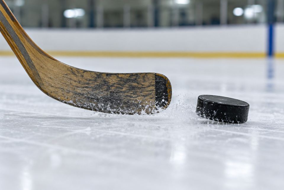 A wooden hockey stick hitting a black puck on an indoor ice rink, with ice chips spraying.