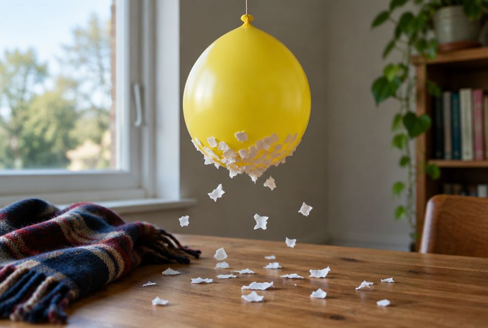 A yellow balloon hanging over a wooden table, with small bits of white paper stuck to its bottom and more bits on the table, beside a wool scarf.