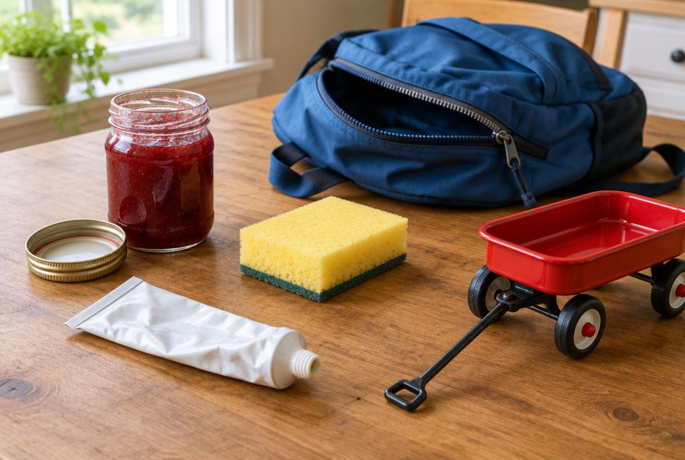 A table with a jar of jam and its lid, a sponge, a tube, a small red wagon and a backpack with an open zipper.