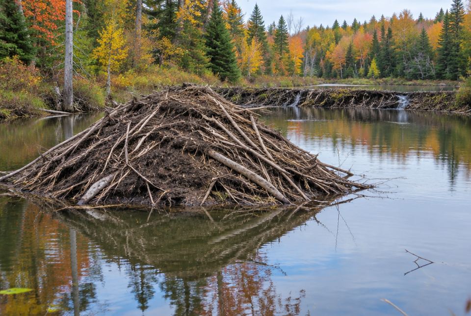 A beaver lodge made of sticks and mud sits in a pond, with a long beaver dam behind it and autumn forest around.