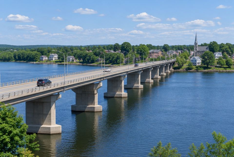 A long concrete bridge with many supports crosses a wide river to a town with houses and a church.