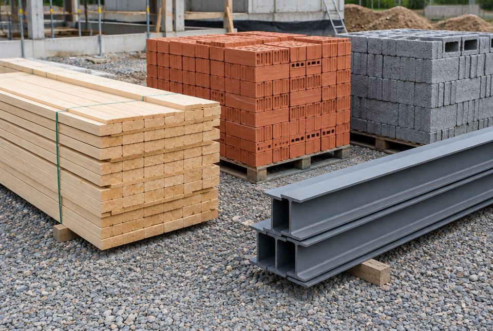 A building site with a stack of wooden boards, a pallet of red bricks, a pallet of grey concrete blocks and steel beams.