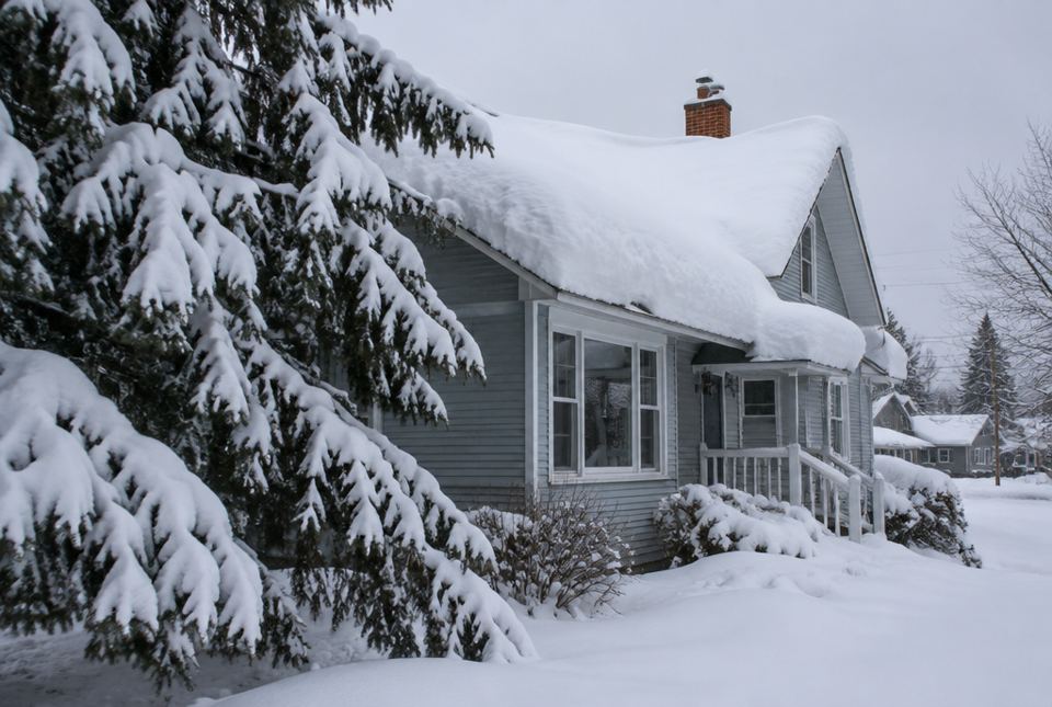 A house roof and an evergreen tree are covered with a thick layer of heavy snow after a winter storm.