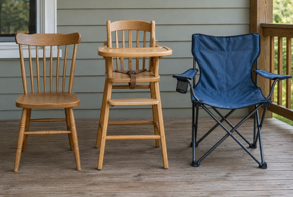 A wooden kitchen chair, a wooden high chair with a tray and strap, and a blue folding camping chair stand side by side on a porch.