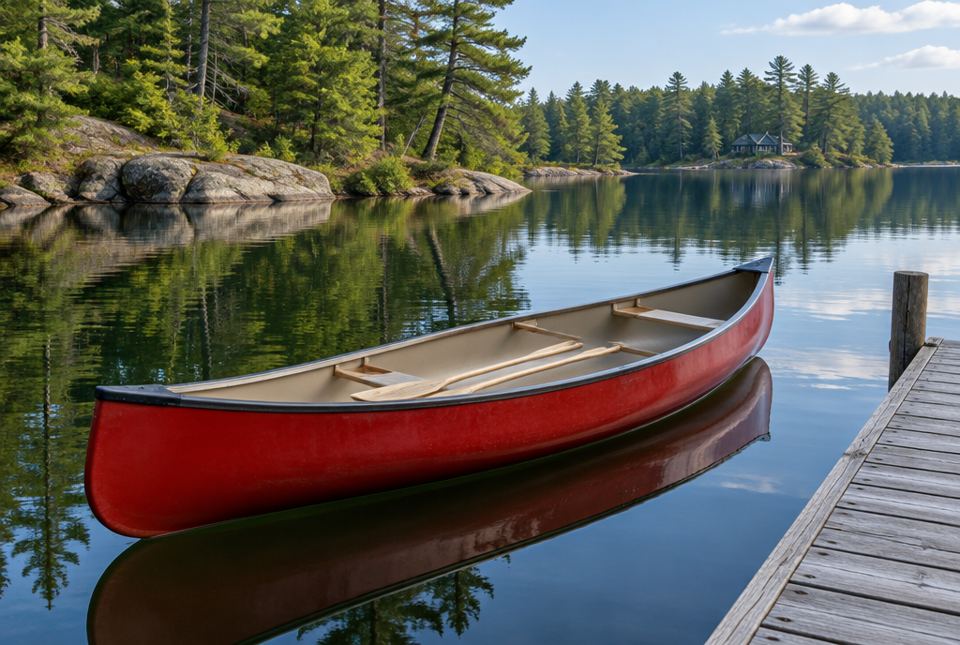 A red canoe floats upright on a calm lake beside a wooden dock, with pine trees on the rocky shore.