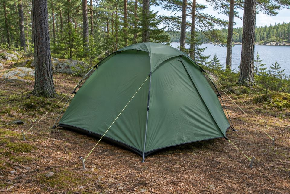A green dome tent stands on a forest floor beside a lake, held by poles and bright guy lines tied to metal pegs.