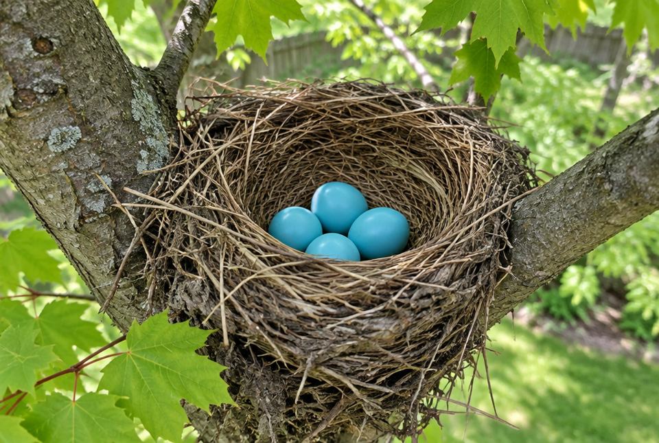 A robin's nest with four blue eggs sits in the fork of a maple tree branch.