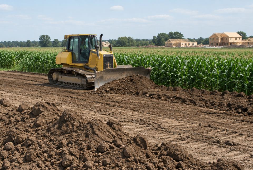 A yellow bulldozer pushing soil on a cleared field beside a cornfield, with new houses being built in the distance.