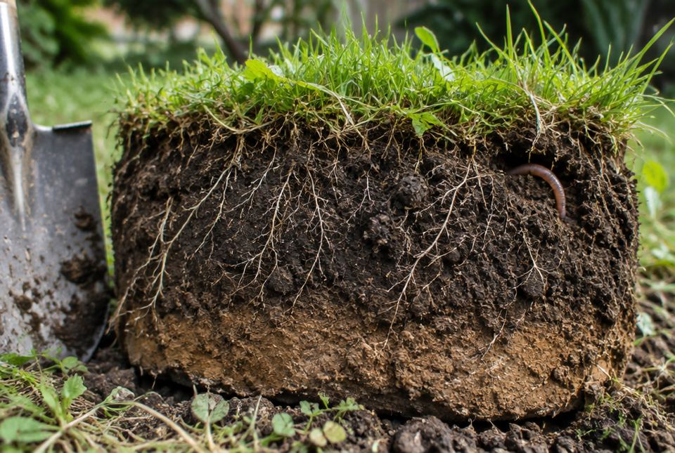 A block of lawn dug out with a shovel, showing grass on top, dark soil full of roots and an earthworm.