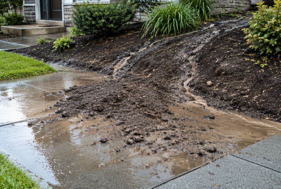 A garden bed after heavy rain, with muddy soil washed out across a wet sidewalk in streams.