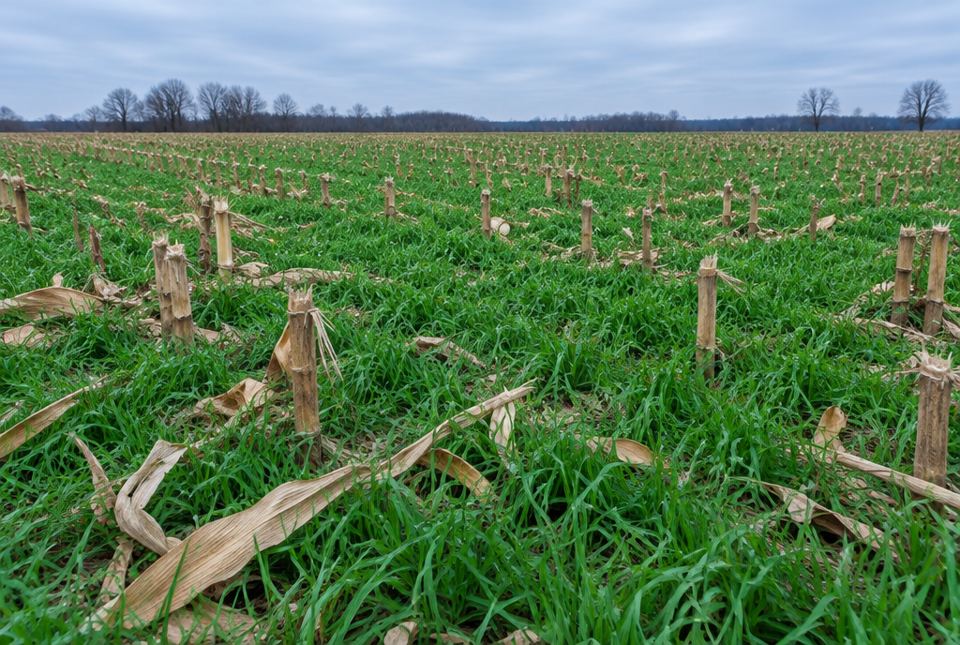 A farm field in late fall with short corn stalks left from the harvest and green cover crop grass growing between them.