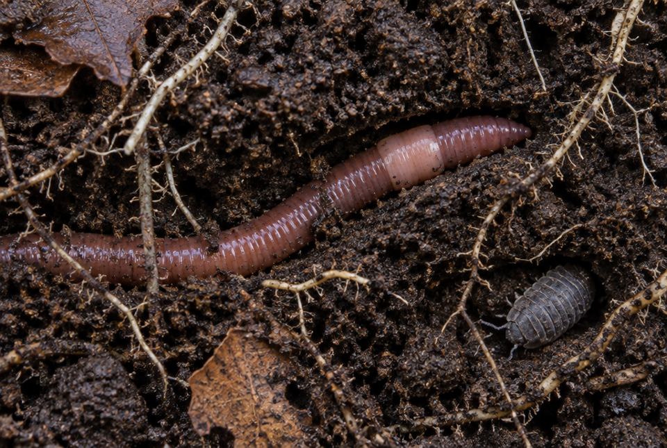 An earthworm and a grey sowbug in dark, moist soil among thin plant roots and dead leaves.