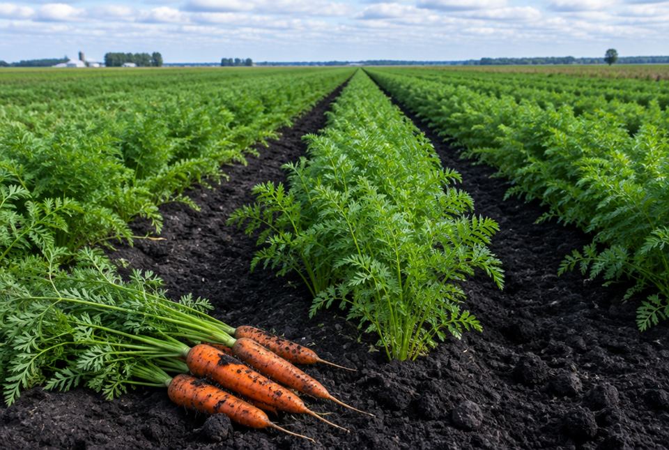 Rows of carrot plants growing in dark soil on a large farm field, with freshly pulled carrots lying in front.