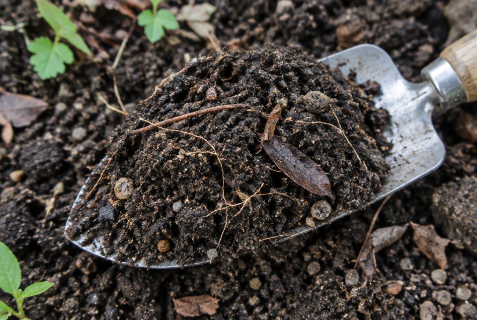 A garden trowel holding a scoop of dark soil with small stones, bits of roots and a dead leaf in it.