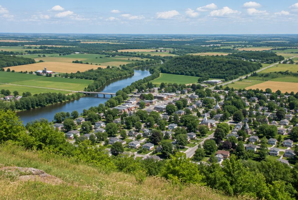 A view from a hill over a town beside a river, with farm fields and forests stretching into the distance.