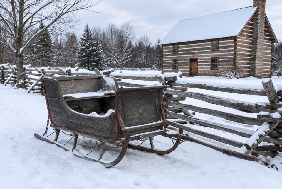 An old wooden horse-drawn sleigh sits in the snow beside a split-rail fence and a log house at a heritage village.