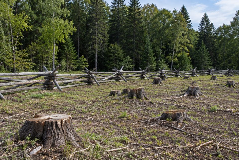 Tree stumps stand in a cleared field beside a wooden rail fence, with a forest behind it.