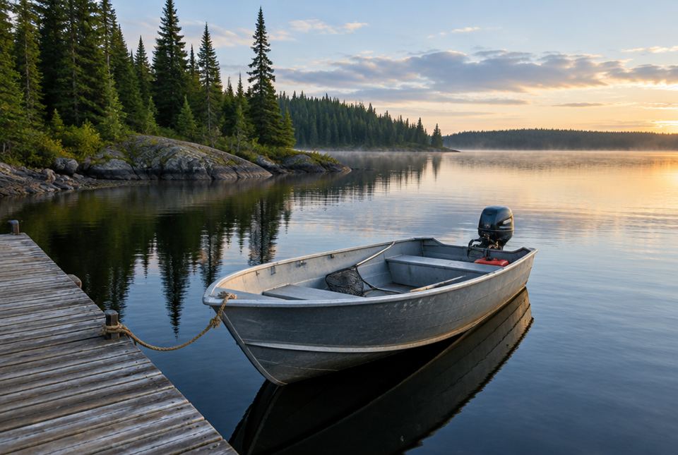 A small aluminum fishing boat is tied to a wooden dock on a calm northern lake at sunrise.