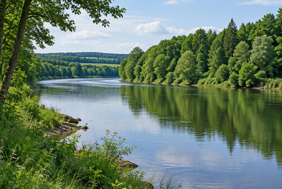 A wide, calm river flows between green forests in southern Ontario on a summer day.