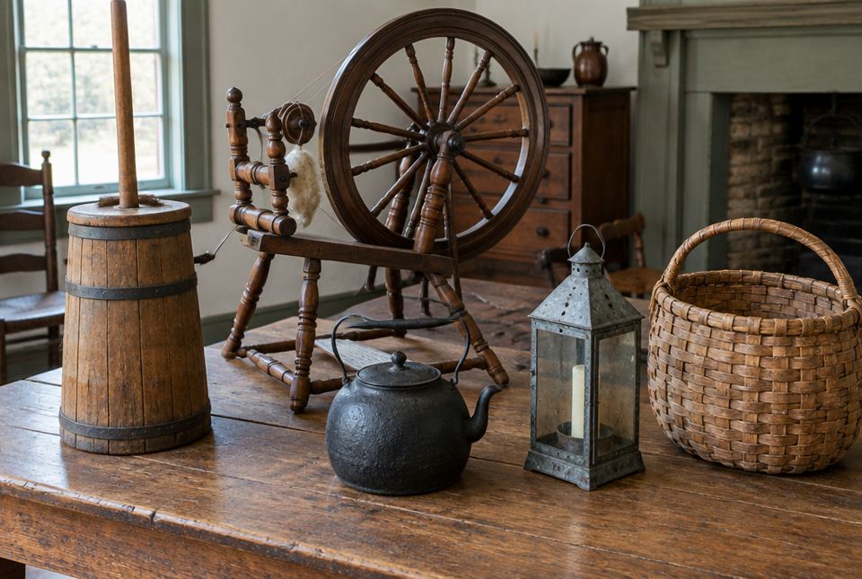 A wooden butter churn, a spinning wheel, a cast-iron kettle, a tin lantern and a woven basket in a heritage house.