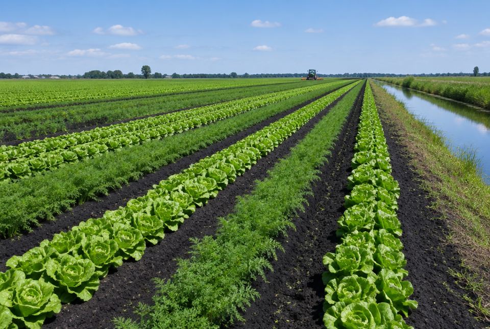 Long rows of lettuce and carrots grow in dark, rich soil on a flat vegetable farm beside a canal.