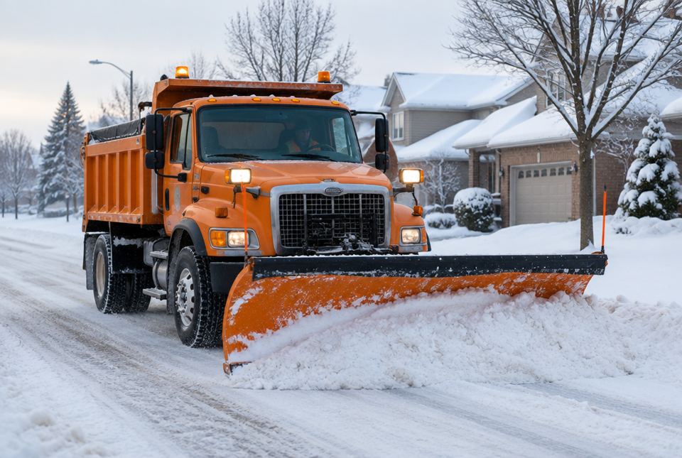An orange snowplow truck clears snow from a street in a neighbourhood of houses.