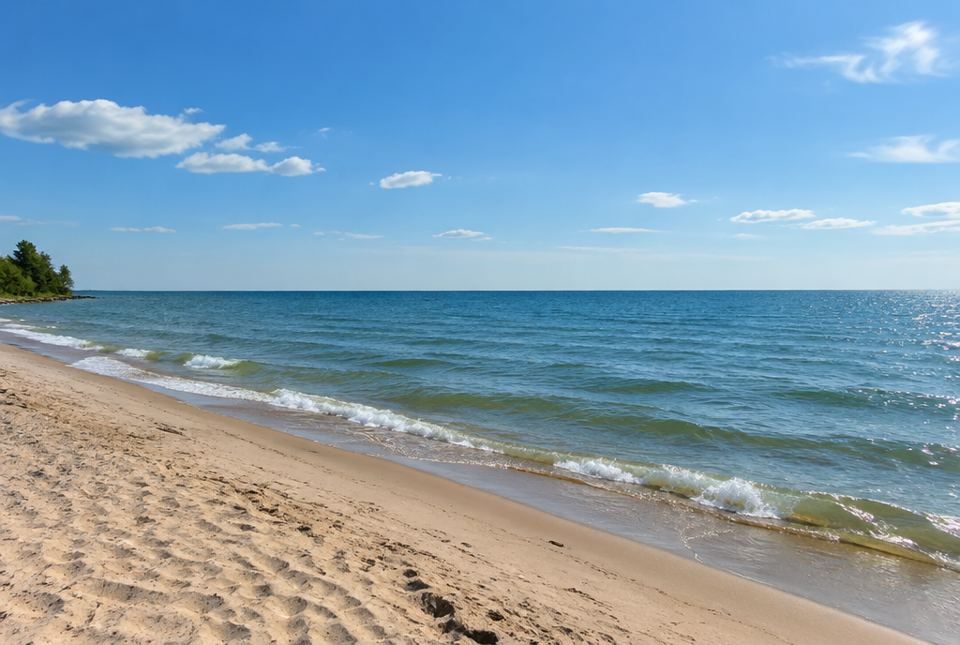 Waves roll onto a long sandy beach on one of the Great Lakes under a blue sky.
