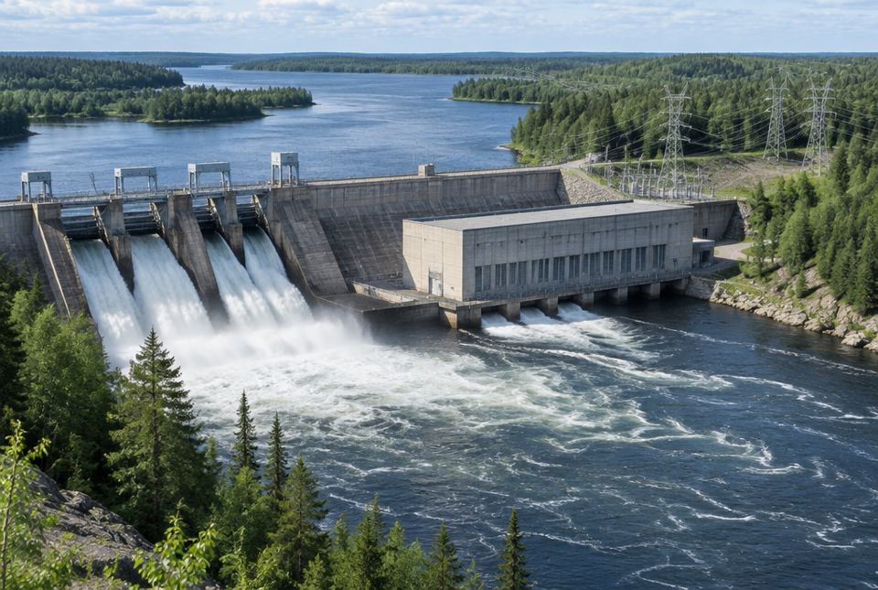 Water rushes through the gates of a hydroelectric dam on a wide river surrounded by forest, with power lines nearby.