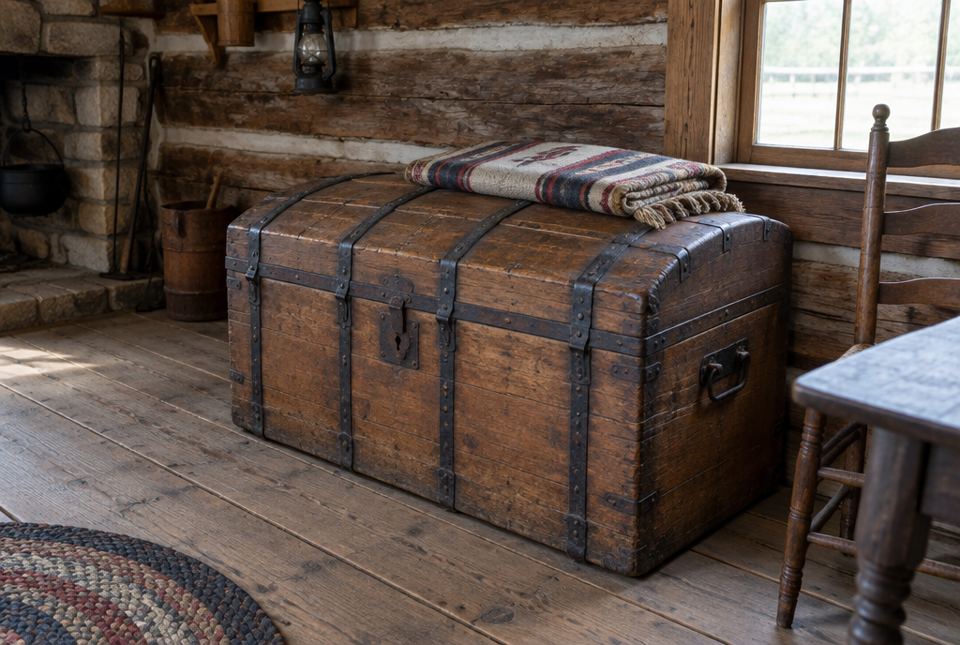 An old wooden trunk with iron bands and a folded wool blanket sits on the floor of a log house.