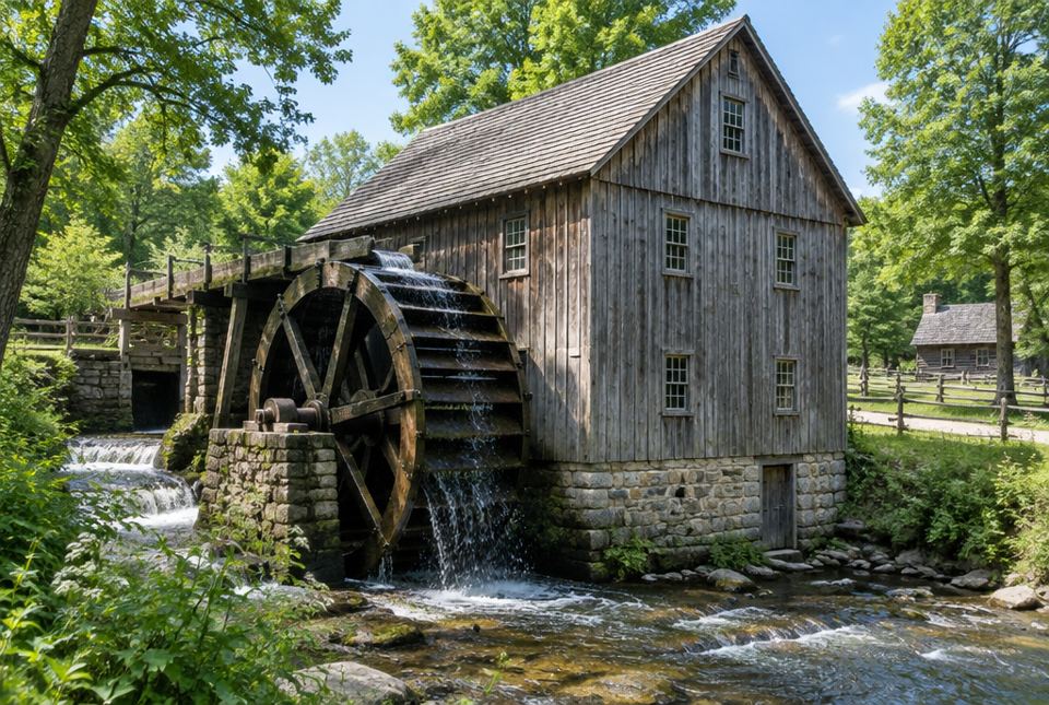 A wooden grist mill with a large water wheel turned by water from a stream, at a heritage village today.