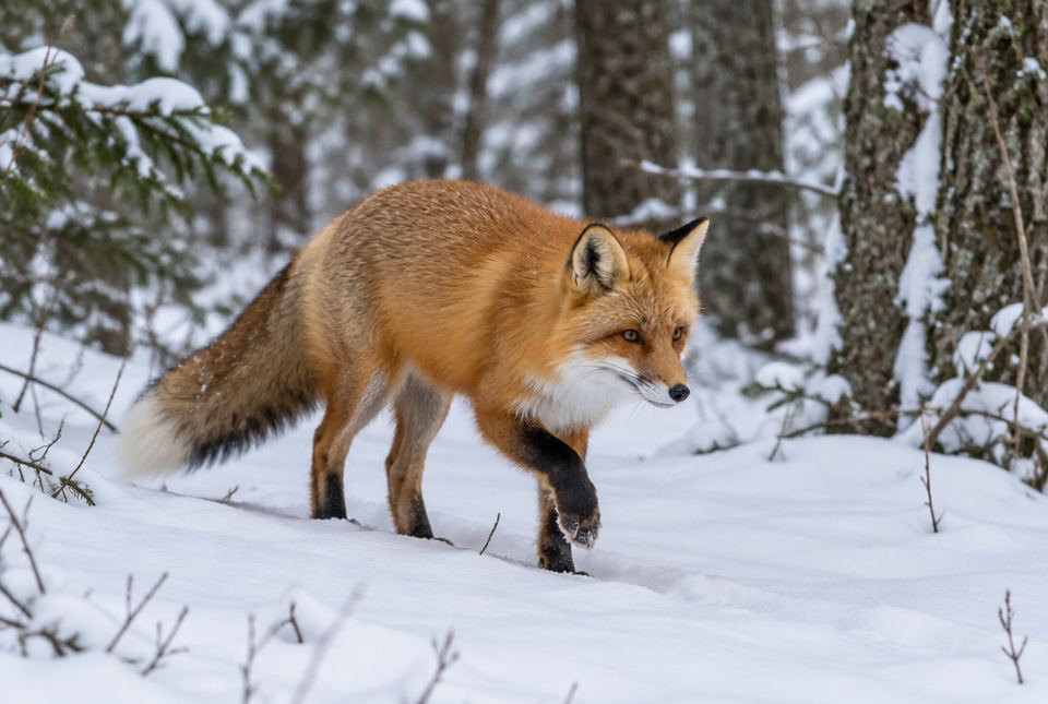 A red fox stepping carefully through deep snow in a winter forest, one front paw lifted.
