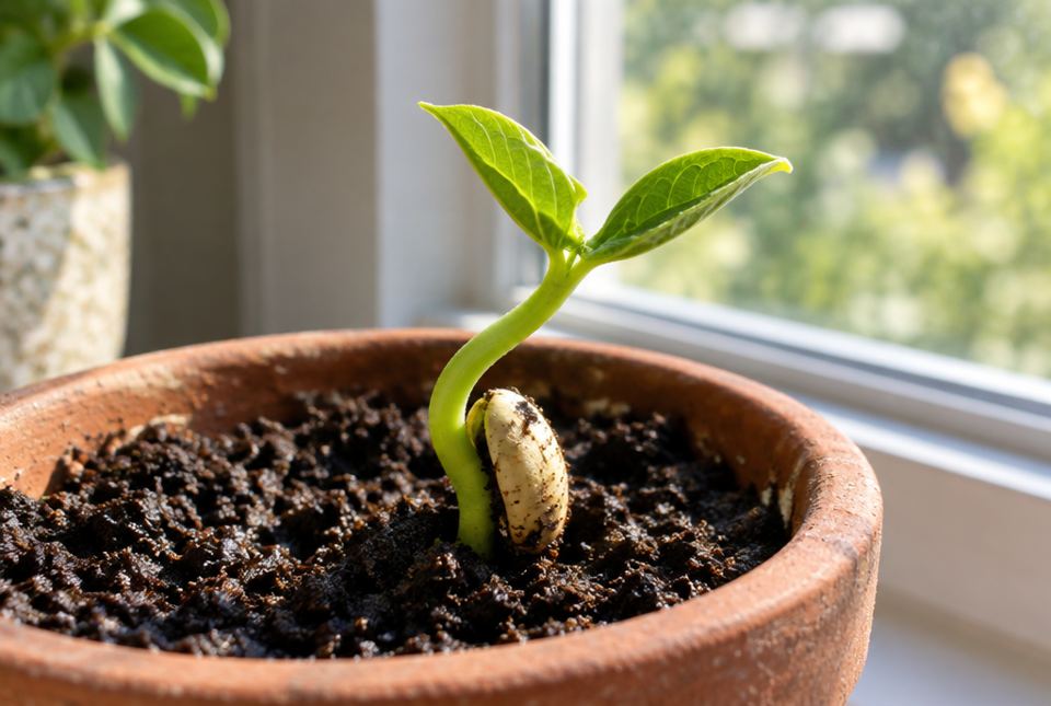 A young bean seedling with two leaves growing out of soil in a clay pot by a sunny window.
