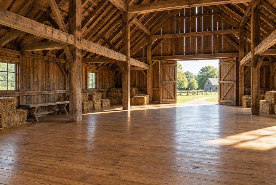 An empty old wooden barn with a smooth plank floor, hay bales along the walls and big doors open to a farm.