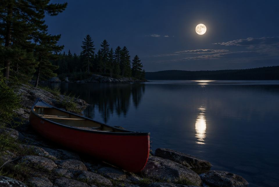 A red canoe pulled up on rocks beside a calm lake at night, with a full moon shining on the water.