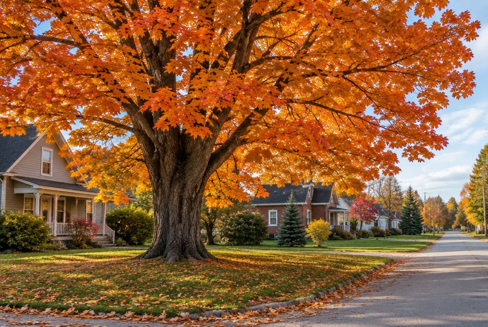 A huge old maple tree with bright orange leaves beside a quiet street of houses.