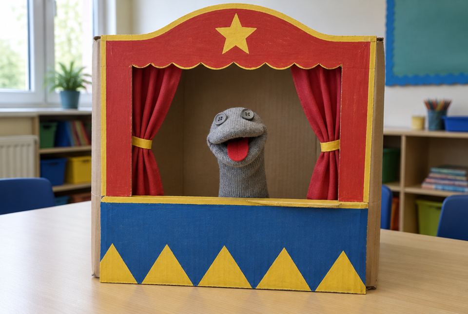 A grey sock puppet with button eyes and a red felt tongue in a painted cardboard puppet theatre on a classroom table.