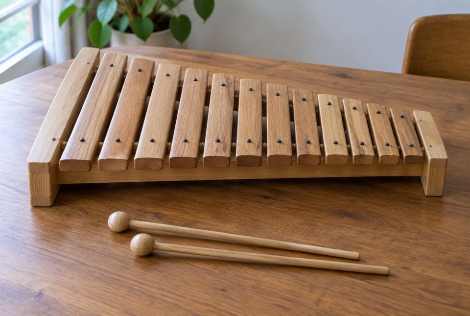 A wooden xylophone with bars of different lengths and two mallets on a table.